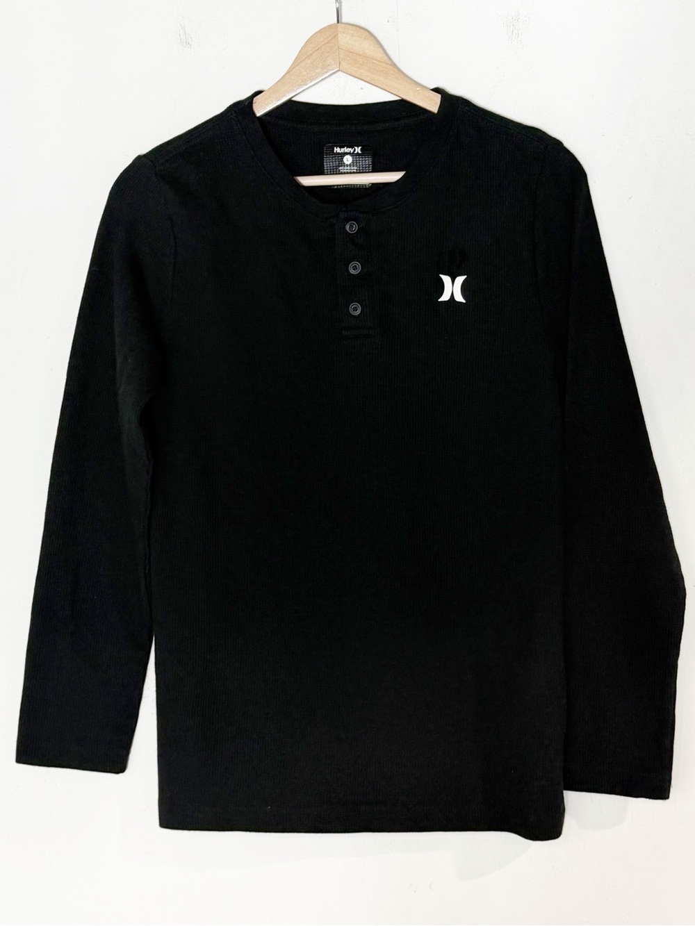 Hurley Youth Black Crewneck Waffle Knit Pullover Henley Top Size L Casual